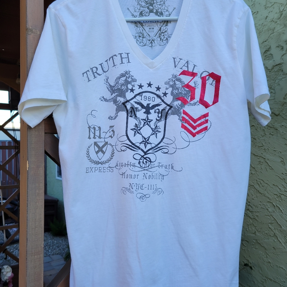 Express Men's White Gray Graphic Cotton T-shirt Size Medium